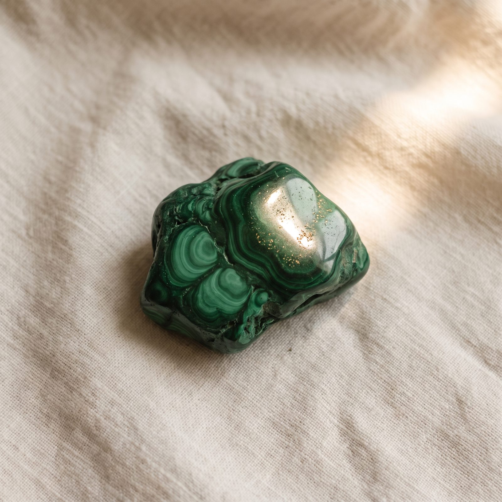 Piedra de malaquita pulida sobre lino claro